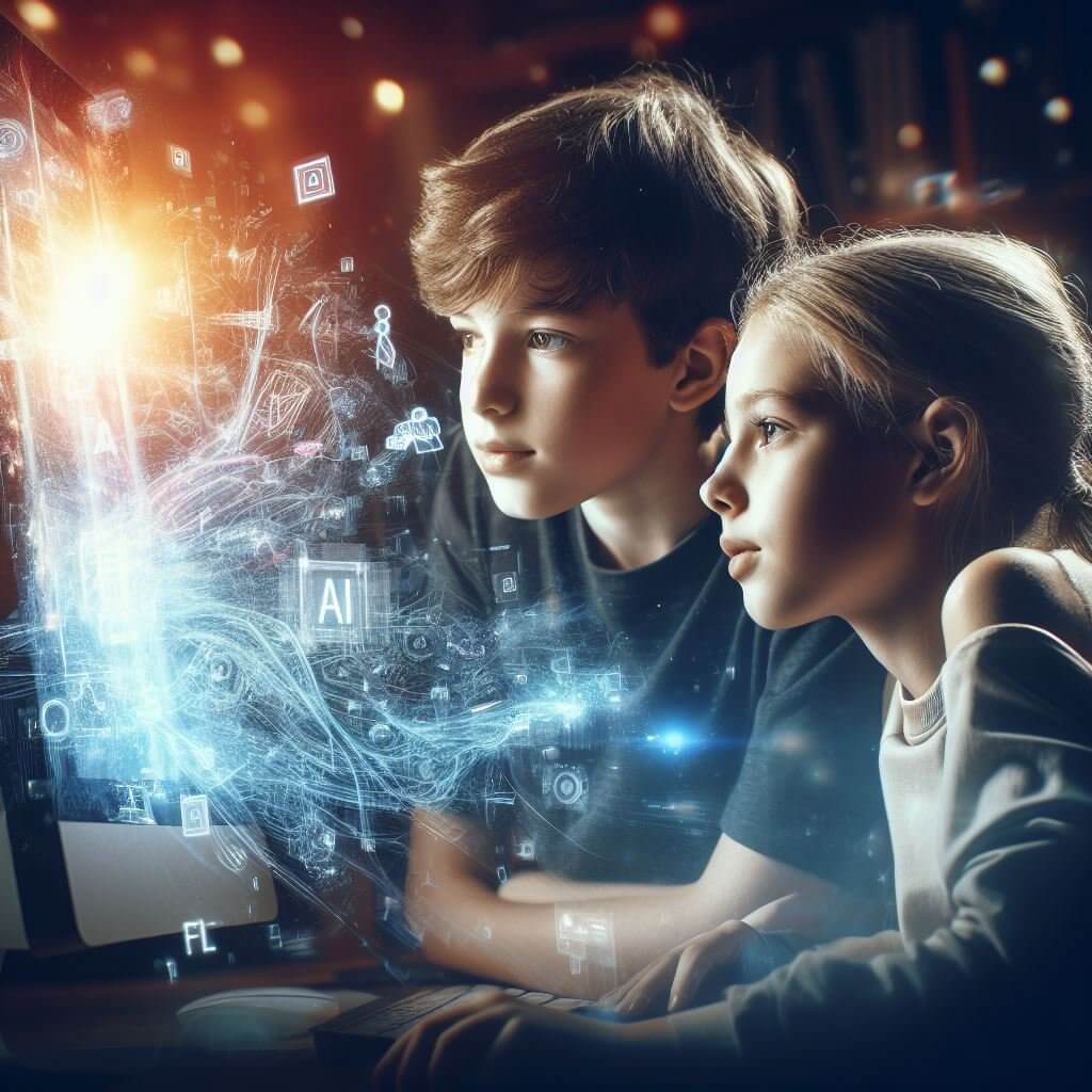 teen boy and girl coding ai on computer
